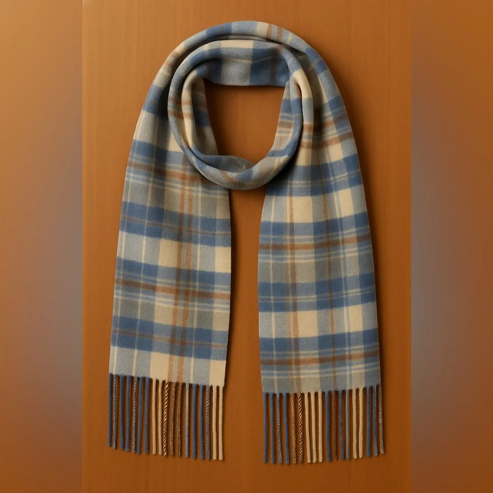 100% CASHMERE Plaid Fringe Scarf Blue Cream Brown Soft Luxe Winter Wrap EUC 2481